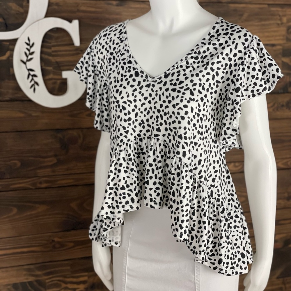 Altard State | Animal Print‎ Polkadot High Low Ruffle Babydoll Blouse V-Neck